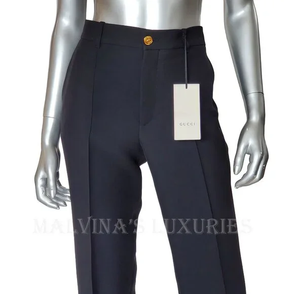 GUCCI PANTS BLACK SILK WOOL CREASED TROUSERS w LOGO BUTTON sz IT 44 US 8 - Picture 5 of 14